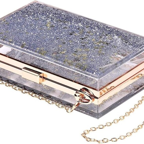 Womens Transparent Sequins Chain Clutch Evening Handbag Party Cross-body Purse S - Picture 2 of 7